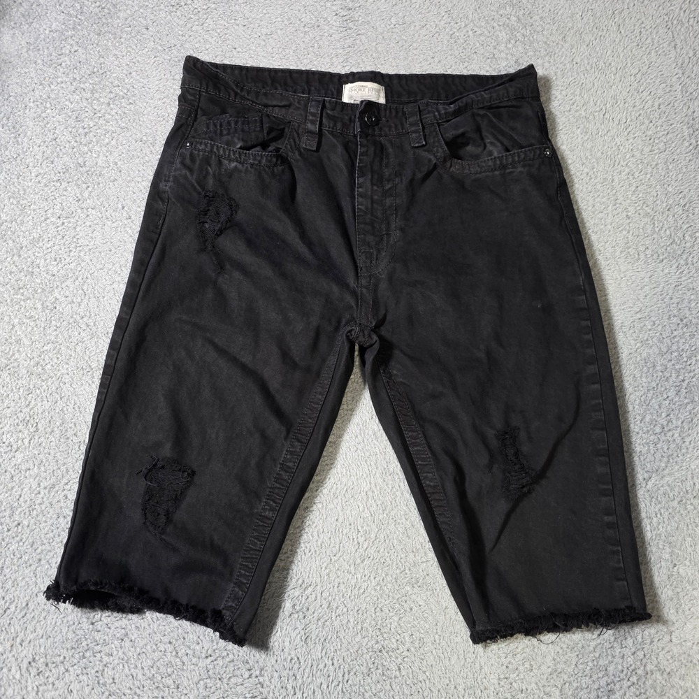 Smoke Rise Mens 36 Denim Shorts Black Distressed Raw Hem Streetwear Cotton